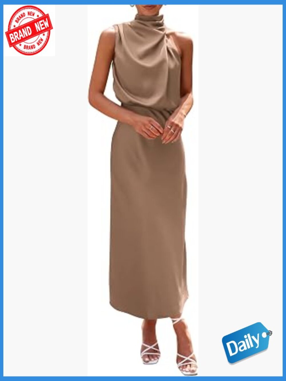 Satin Mock Neck Sleeveless Maxi Dress, Elegant Flowy Cocktail Party Dress
